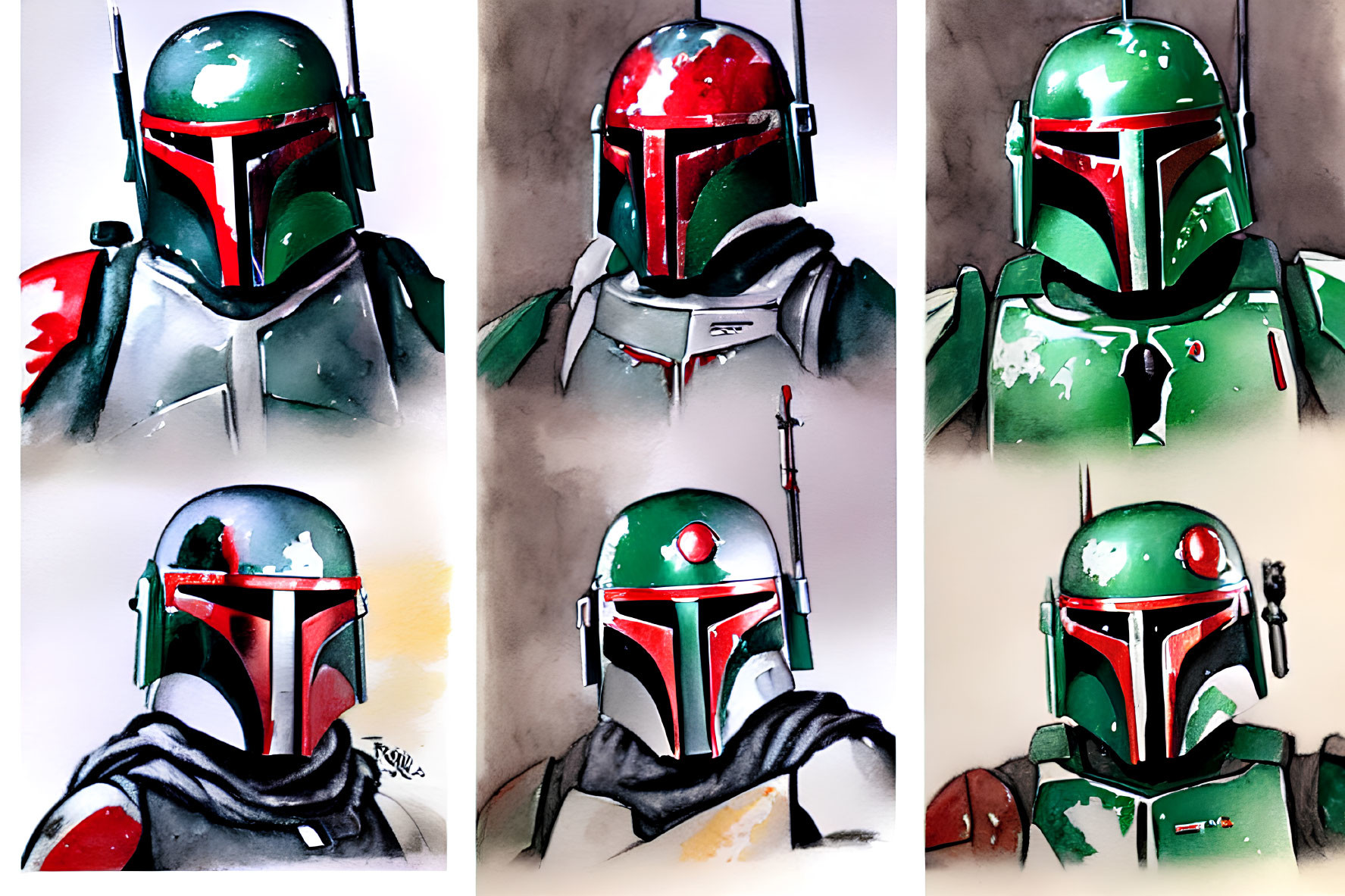 Six Painted Illustrations of Character in Green and Red Mandalorian Armor