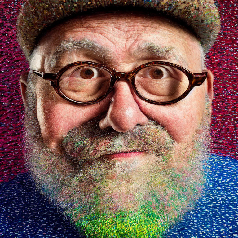 Colorful bearded elderly man in round glasses and tweed cap on red textured background