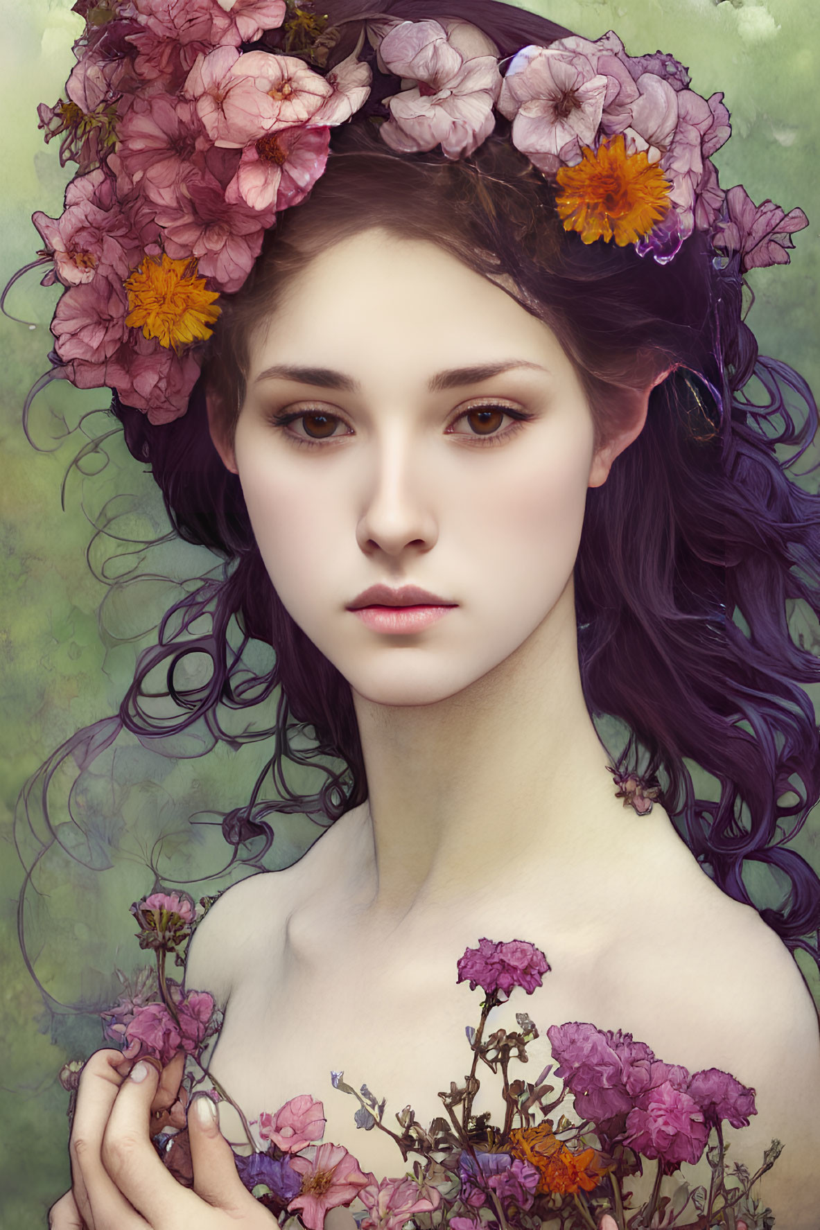 Purple-haired person with floral crown holding blossom on green background