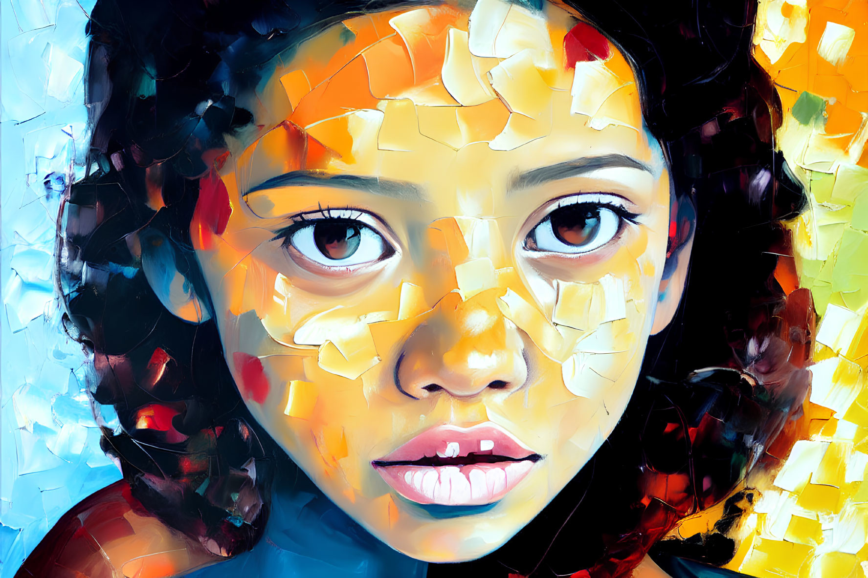 Vibrant abstract portrait of a young girl with cubist influences