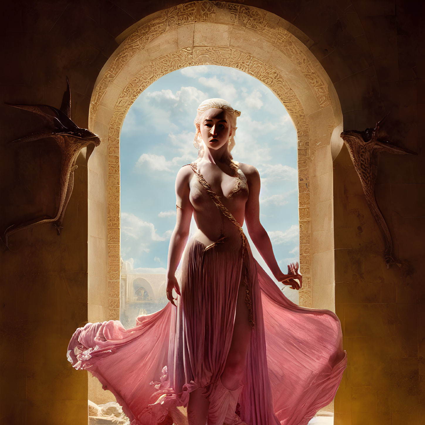 Woman in Pink Dress with Dragons in Fantasy Archway Setting
