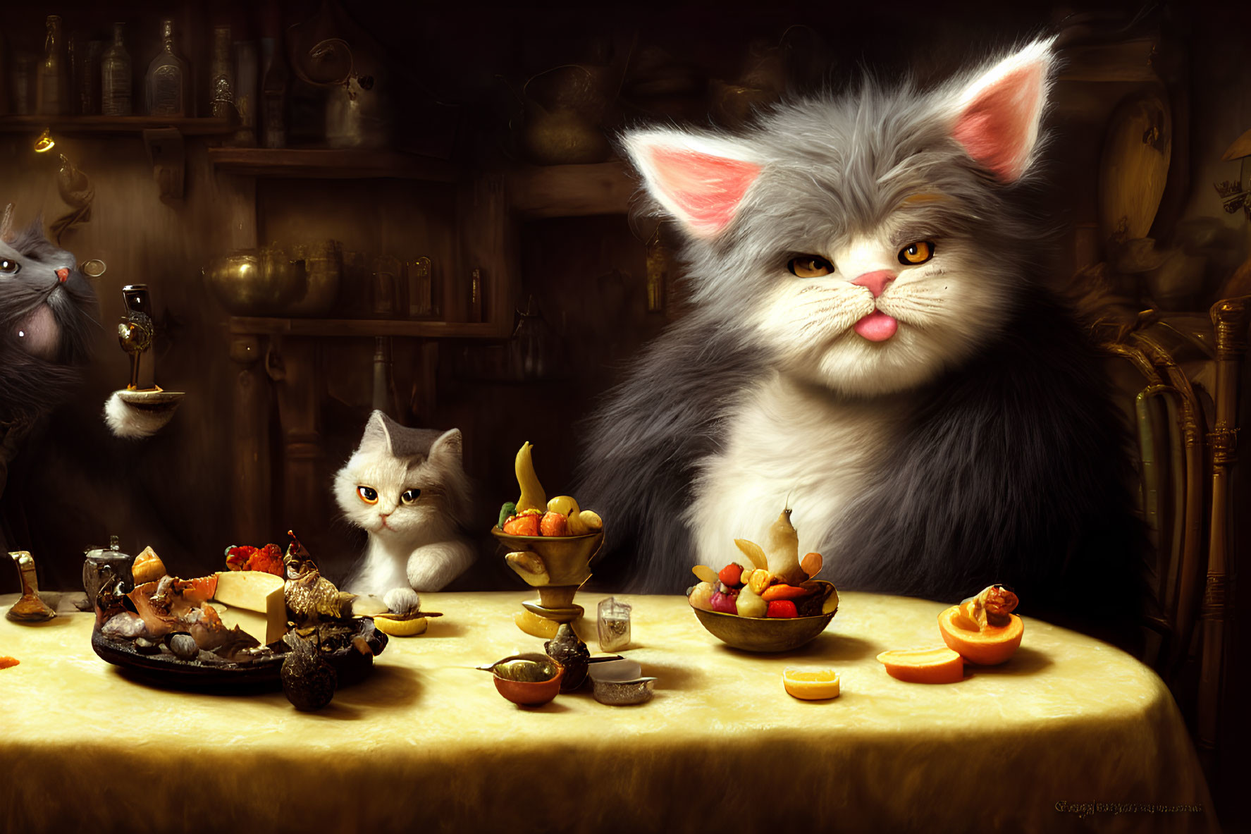 Whimsical painting of fluffy cats at banquet
