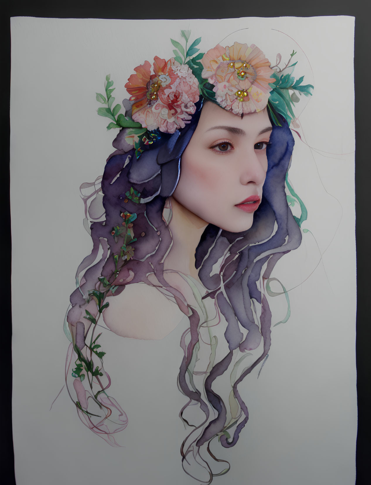 Detailed illustration of woman with floral hair accents in soft pastels and vibrant hues