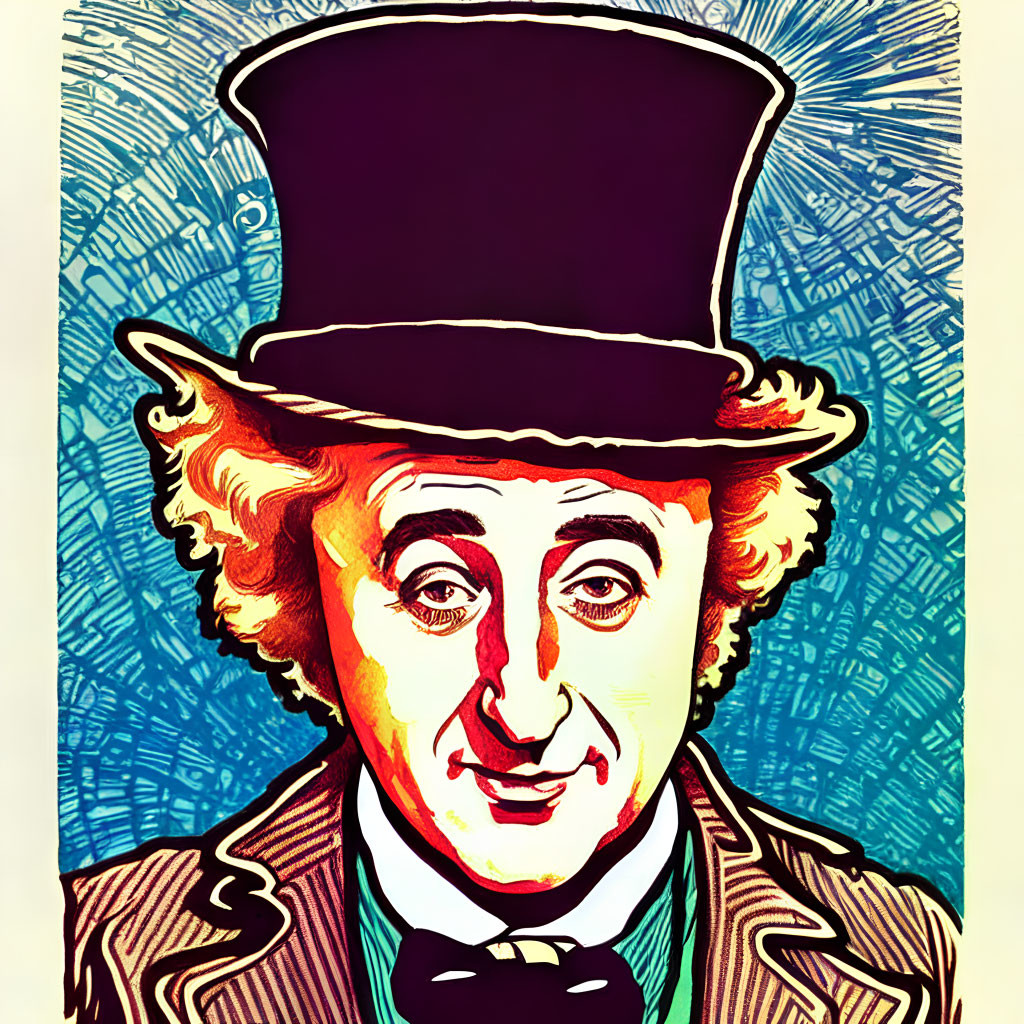 Character in Top Hat, Bow Tie, Colorful Suit on Blue Background