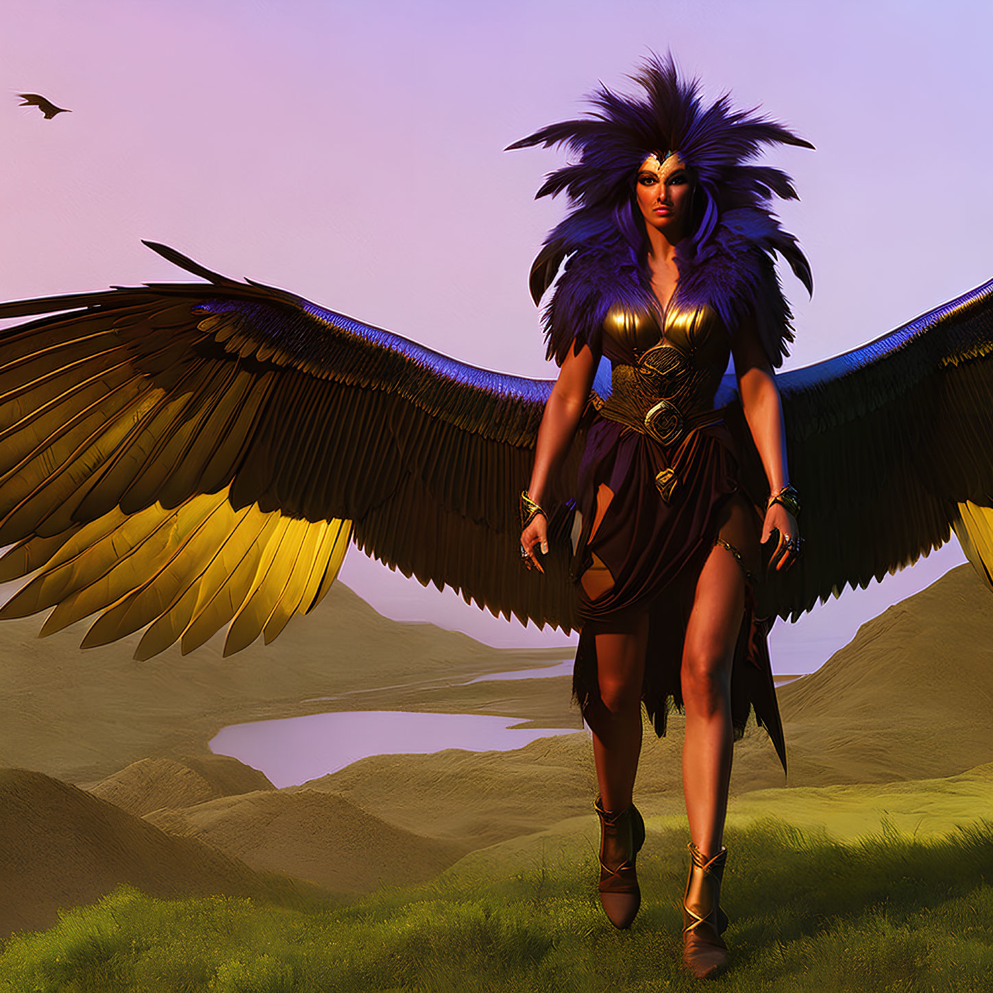 Majestic fantasy character with golden wings and purple attire in desert landscape