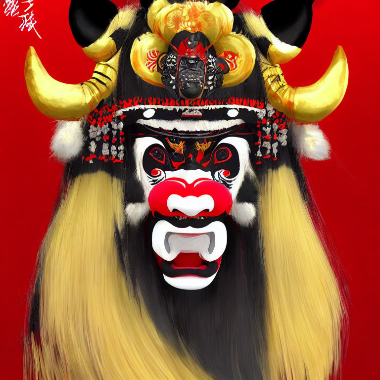 Vibrant Stylized Ox Illustration with Red & White Mask