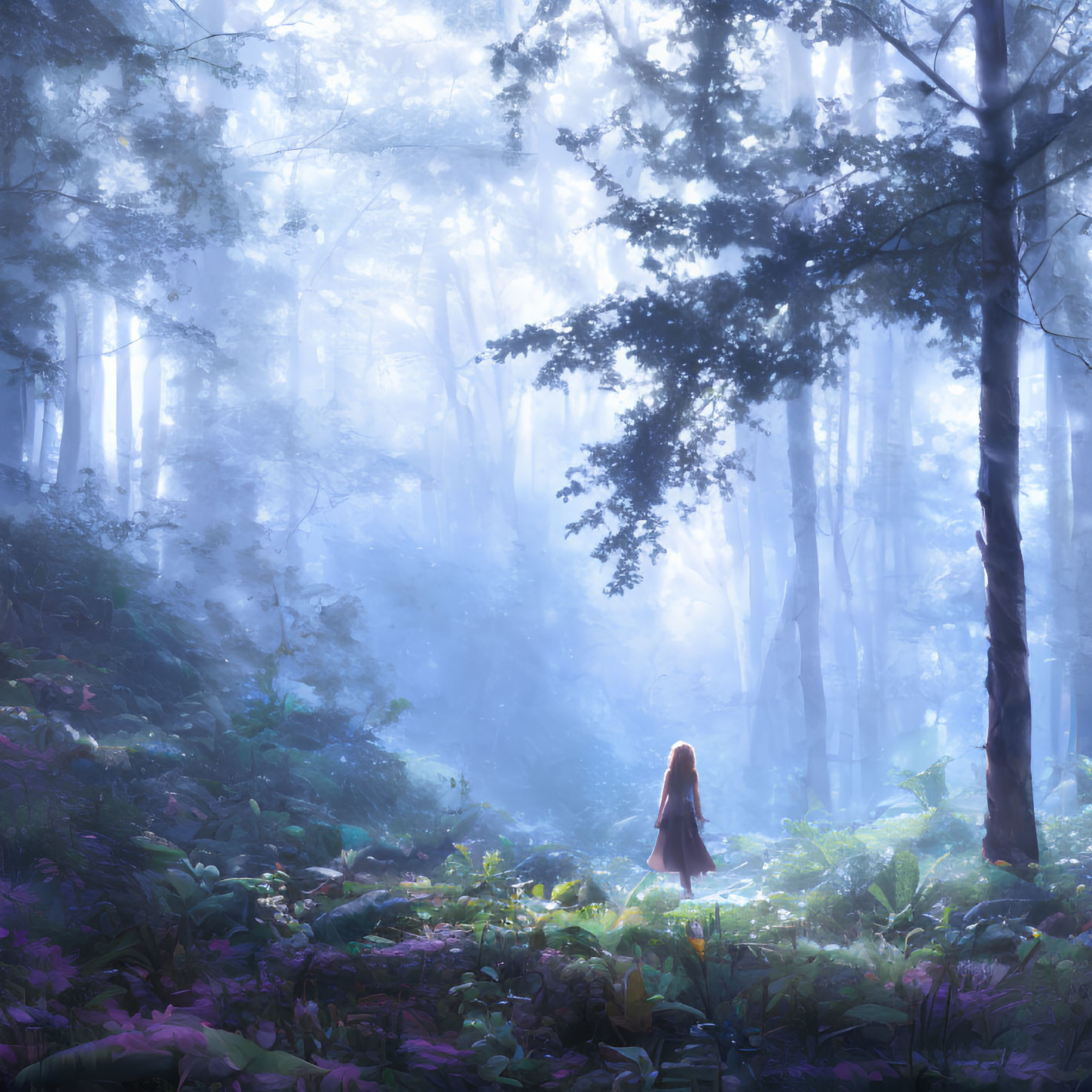 Mystical forest scene with person in sunlight and lush foliage