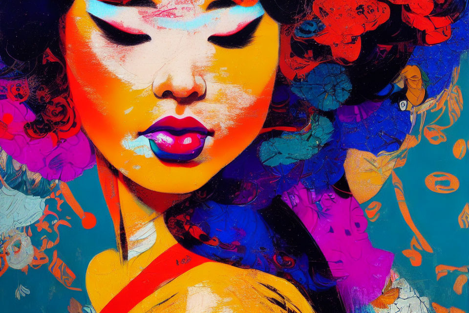 Colorful artistic illustration of a woman with vibrant lips and floral design on abstract background