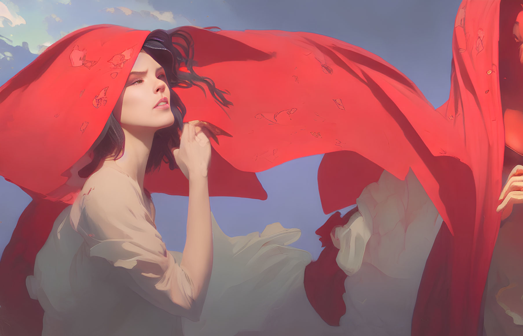 Woman with Large Flowing Red Scarf Against Sky Backdrop