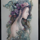 Detailed illustration of woman with floral hair accents in soft pastels and vibrant hues