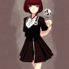 Anime-style girl with short red hair in black school uniform holding coffee cup cutout