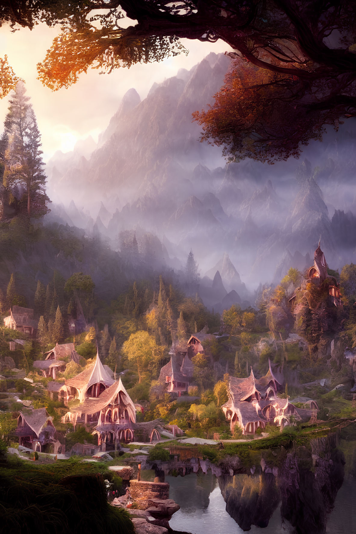 Tranquil fantasy village by river in misty mountains at sunrise