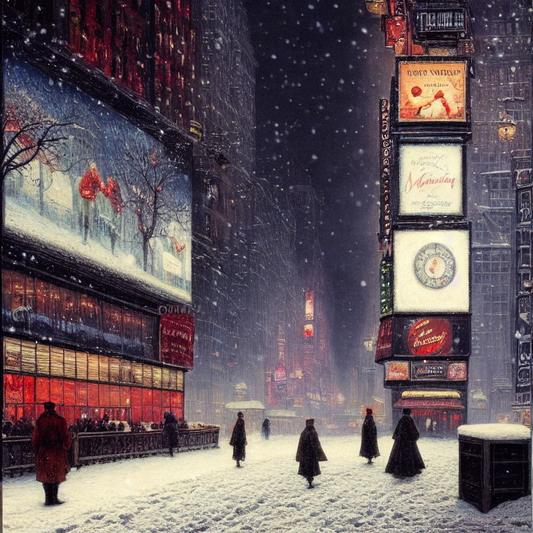 Snowy Evening in Vibrant City with Illuminated Billboards and Wintery Atmosphere