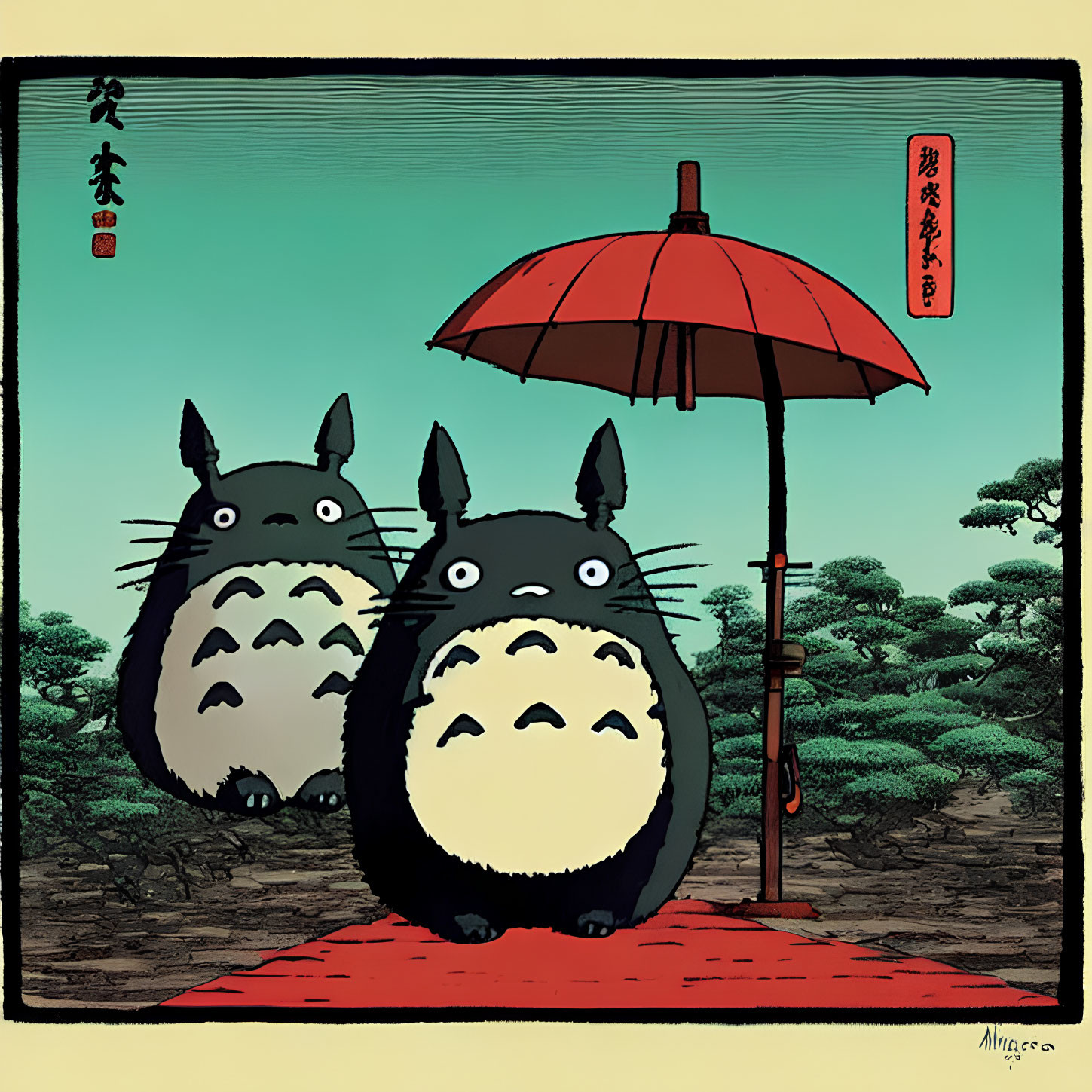 Two black cartoon cat creatures with large eyes near red umbrella in Asian-themed landscape