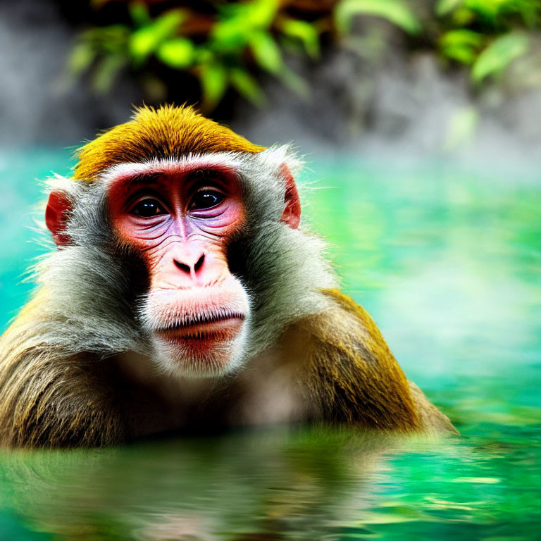 Colorful Monkey Peering from Hot Spring with Thoughtful Expression