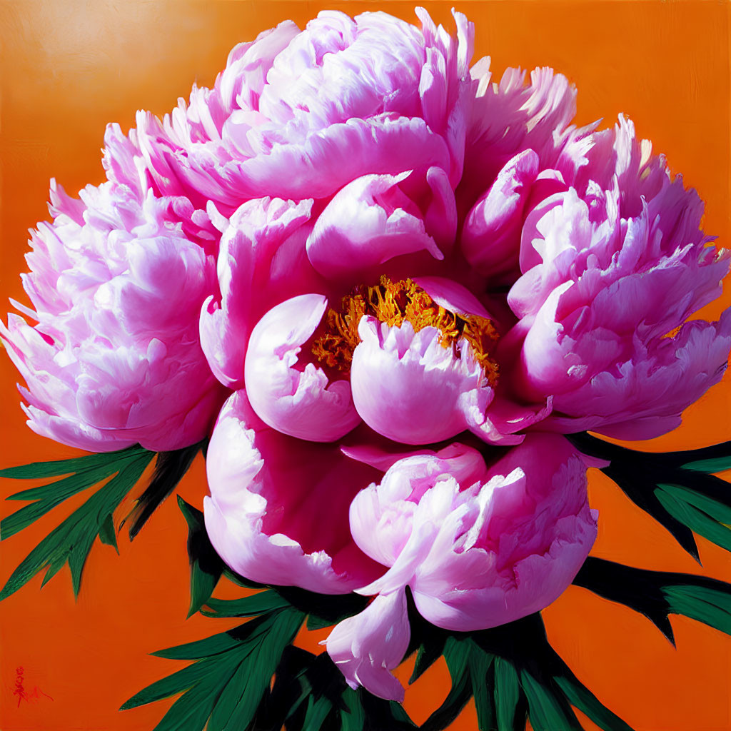 Detailed Pink Peony Painting on Lush Orange Background