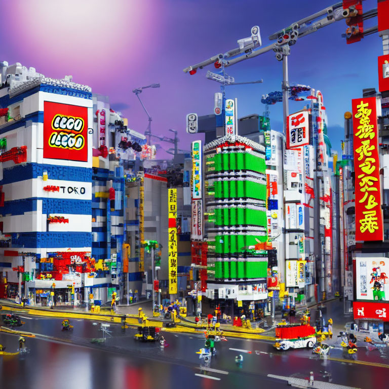 Colorful Lego cityscape with Asian urban theme at dusk