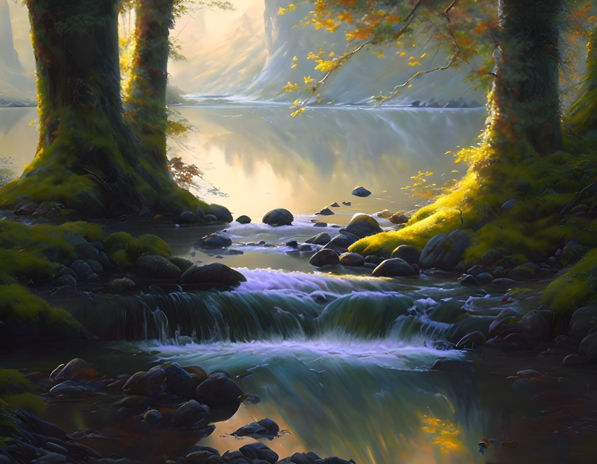 Tranquil forest landscape with sunlight, waterfall, and reflective river