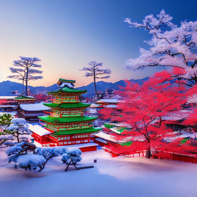 Traditional pagoda in snow-covered winter landscape with pink foliage trees
