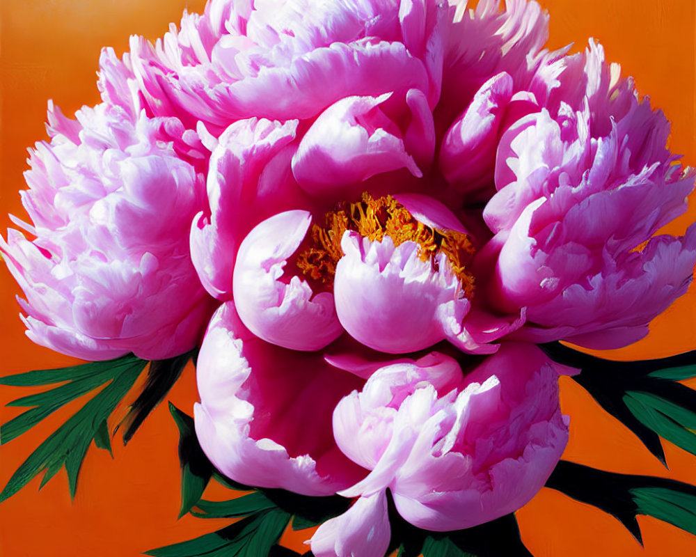 Detailed Pink Peony Painting on Lush Orange Background