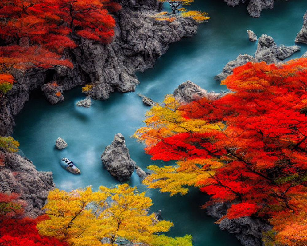 Vibrant Red and Yellow Autumn Trees by Serene River