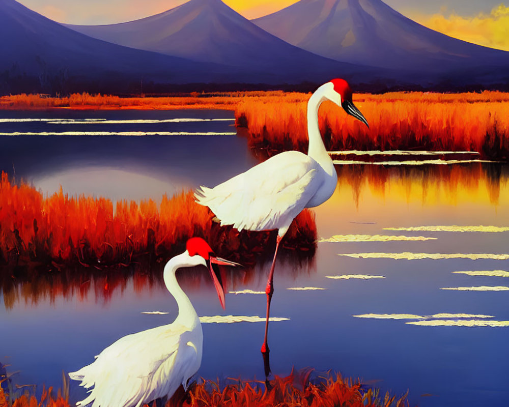 Scenic sunset view of cranes, lake, red foliage, and mountains