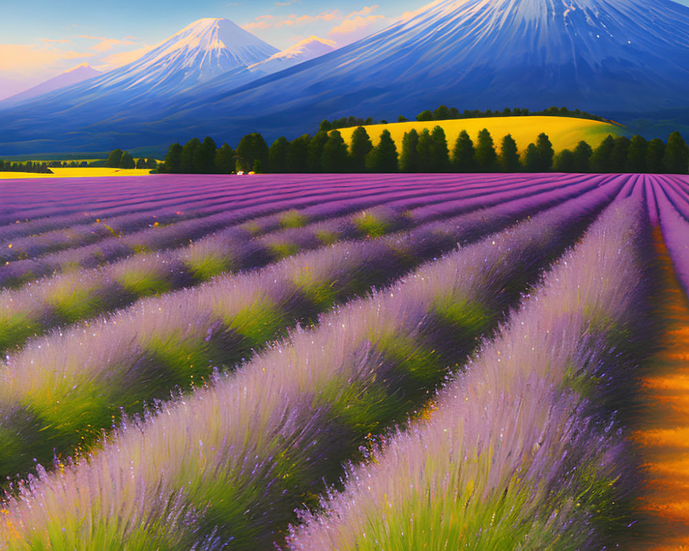 Lavender Field Painting with Snow-Capped Mountains