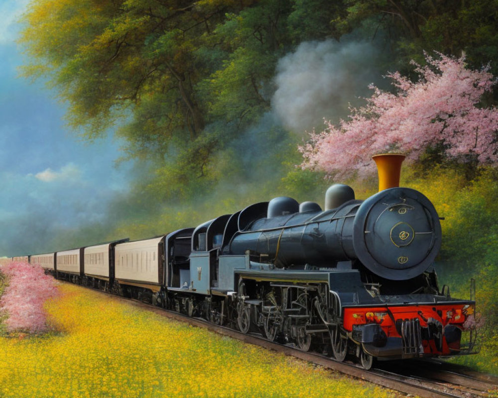Vintage Steam Train Passing Through Vibrant Flower Landscape