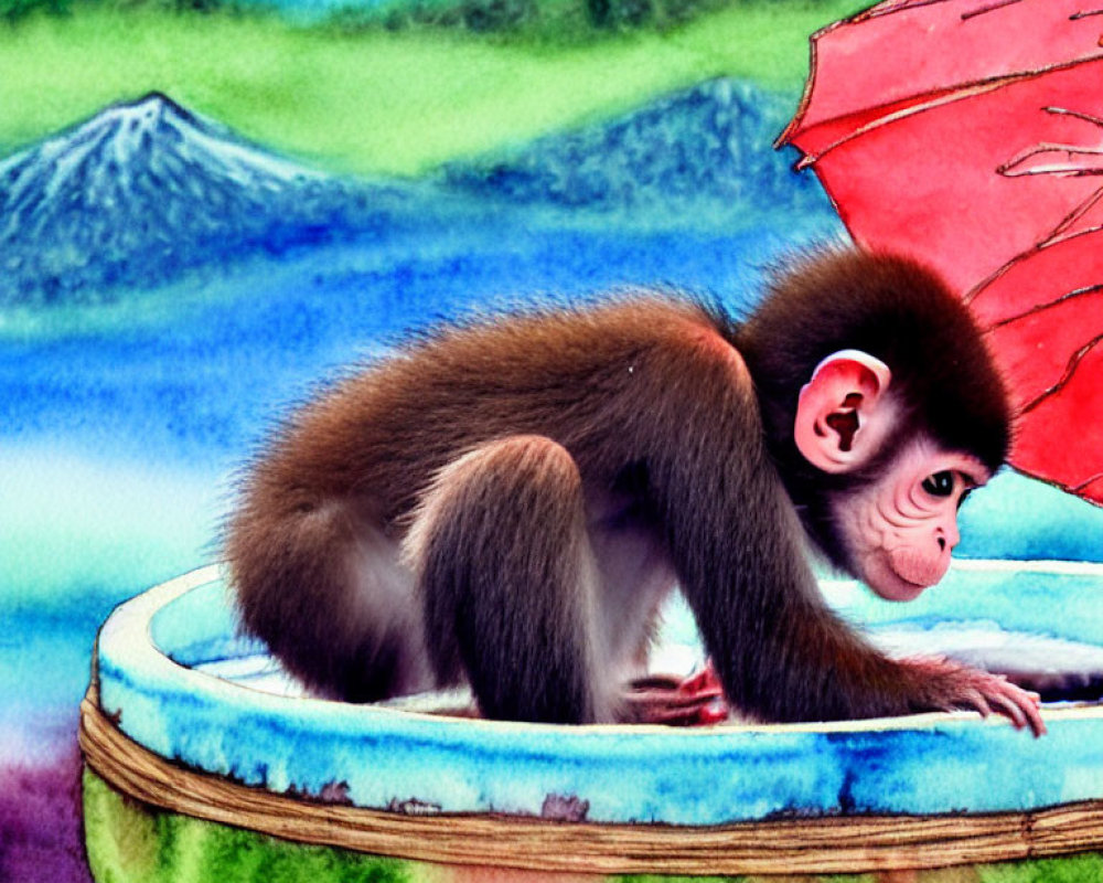 Young monkey on colorful pool ring against whimsical backdrop