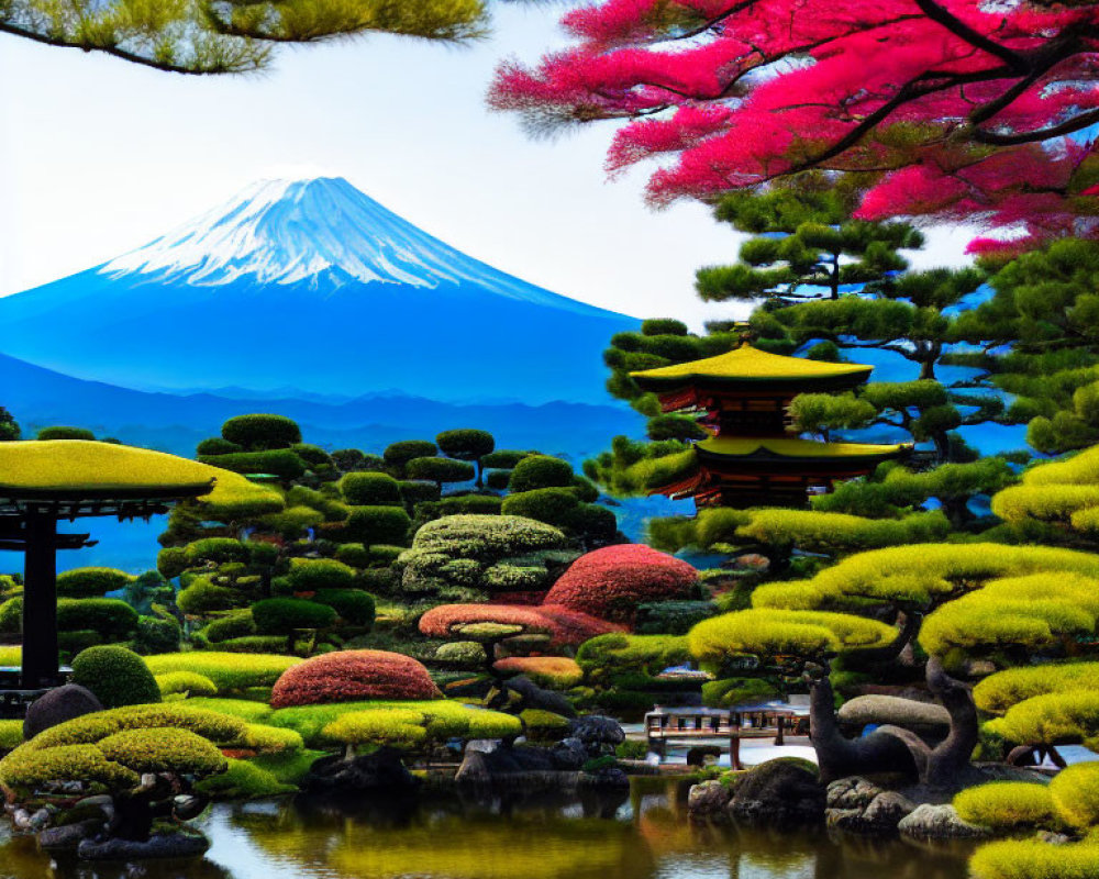 Japanese Garden: Topiary, Pond, Pagoda & Mount Fuji View