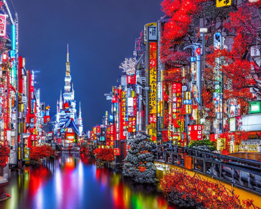 City night scene with neon signs, illuminated buildings, calm river, and red foliage trees