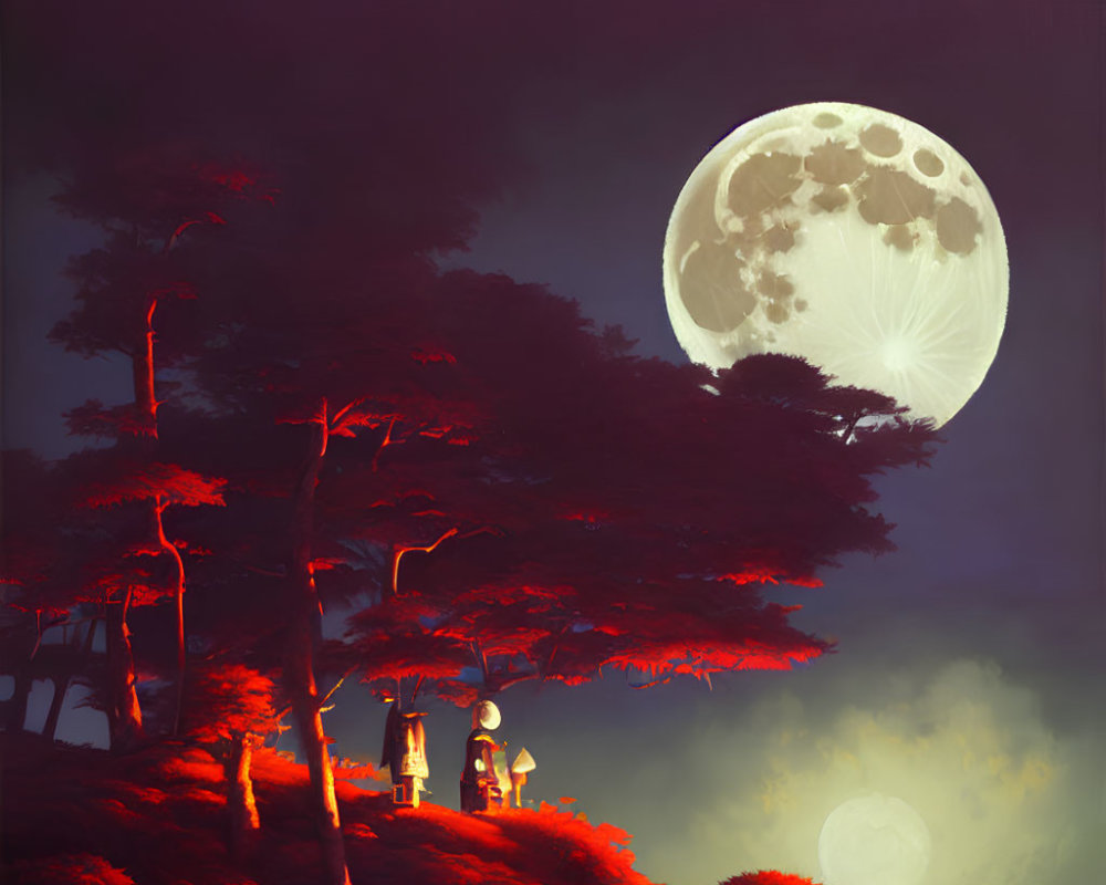 Individuals with lanterns under full moon in mystical crimson forest.