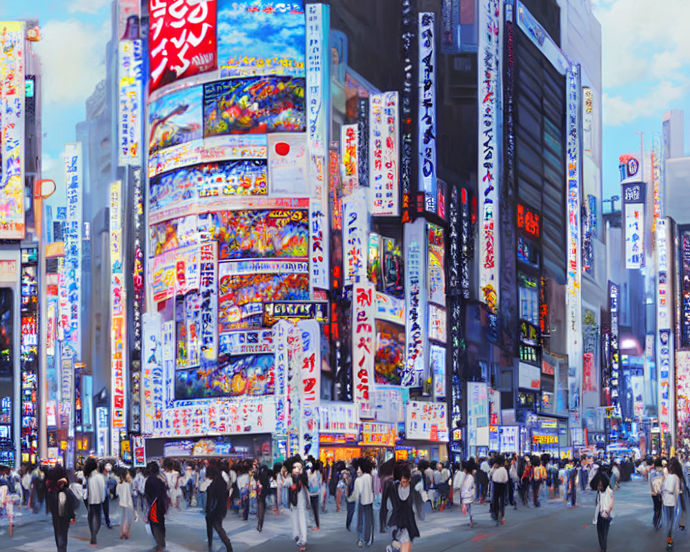 Bustling city street in Japan with neon signs & crowd