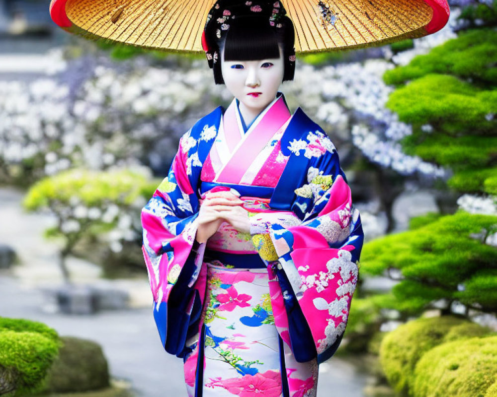 Woman in vibrant kimono with red parasol in Japanese garden