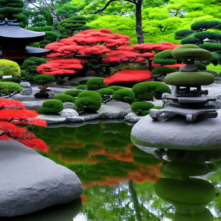 Tranquil Japanese Garden with Pruned Trees and Pond