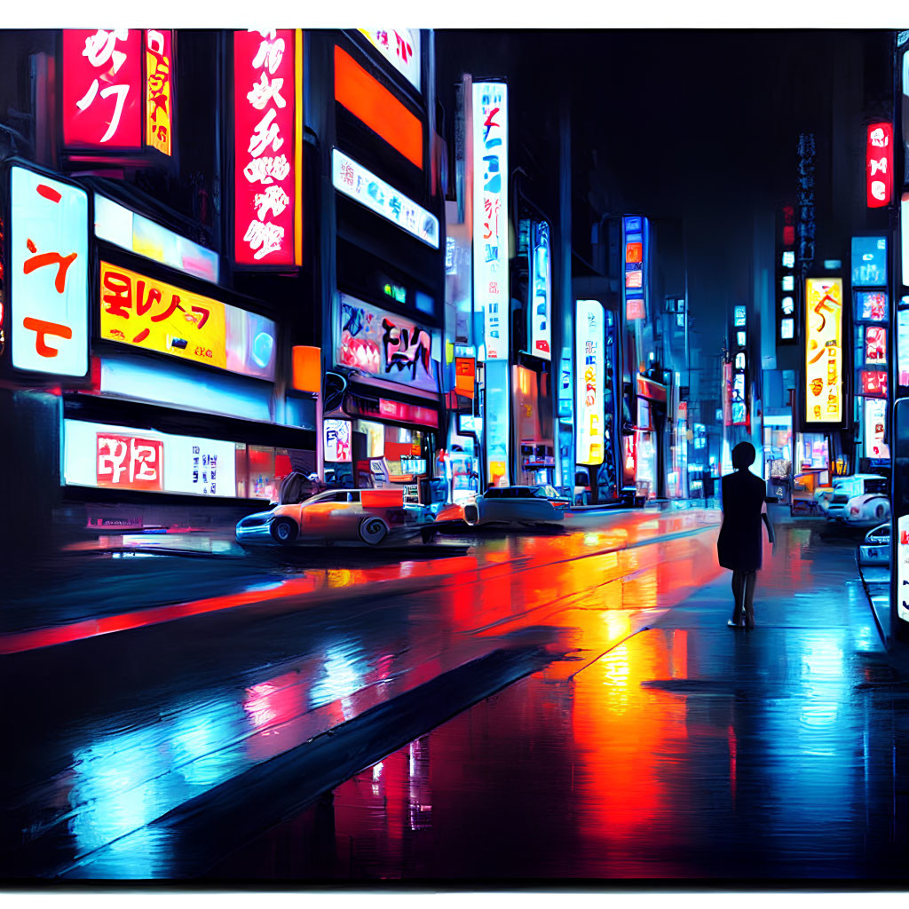 Urban street night scene with neon signs and solitary figure walking