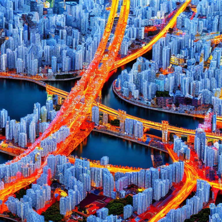Aerial Cityscape at Dusk with Glowing Highways and Skyscrapers