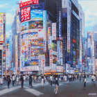 Bustling city street in Japan with neon signs & crowd