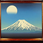 Stylized painting of snow-covered Mount Fuji under pale moon