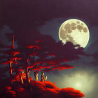 Individuals with lanterns under full moon in mystical crimson forest.