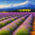 Lavender Field Painting with Snow-Capped Mountains