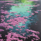 Tranquil pond with pink cherry blossom petals and green foliage