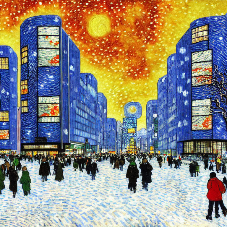 Winter city street illustration with snowfall and blue lights