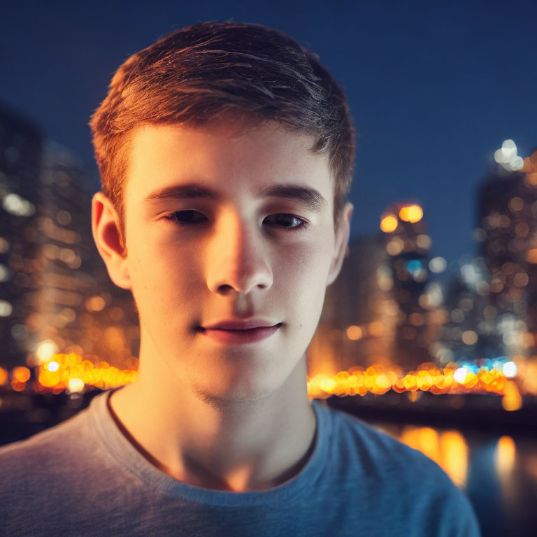Young man smiling outdoors at night with blurred city lights