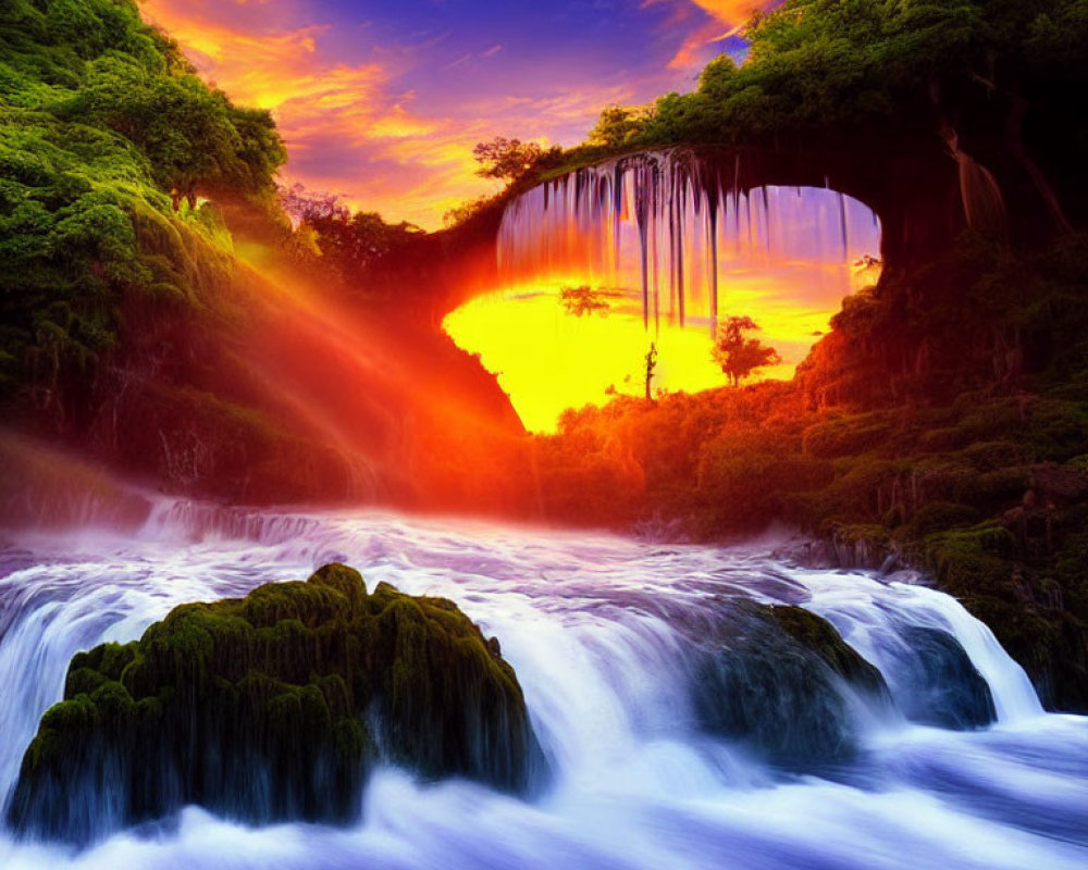 Scenic sunset at waterfall with lush greenery and fiery sky
