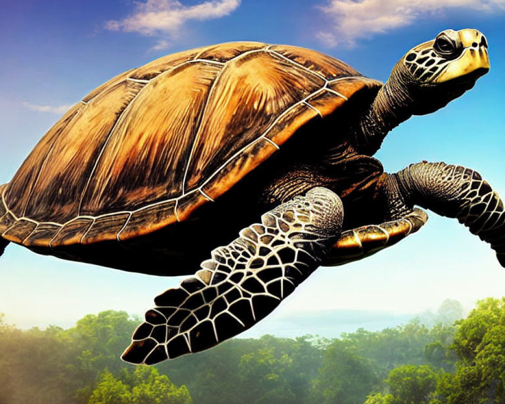 Sea turtle superimposed in mid-air over forest landscape and blue sky