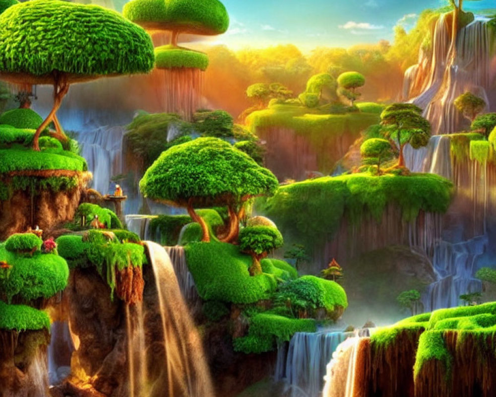 Fantastical landscape with floating islands and waterfalls