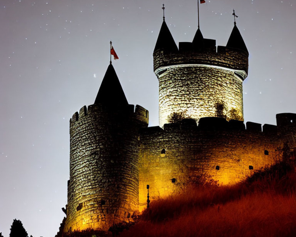 Medieval castle at night with illuminated towers and starry sky
