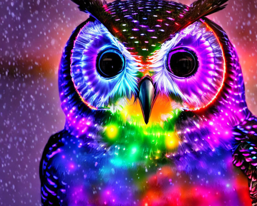 Colorful Neon Owl Artwork with Snow Background