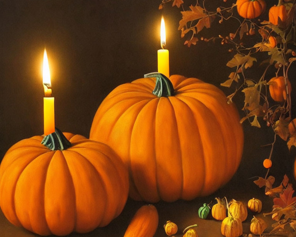 Autumn-themed still life with candles, pumpkins, and fall leaves